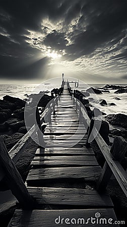 Noir coastal scene, Fishing jetty depicted in evocative black and white tones Stock Photo