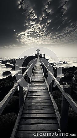 Noir coastal scene, Fishing jetty depicted in evocative black and white tones Stock Photo