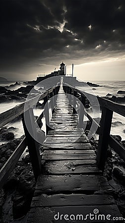 Noir coastal scene, Fishing jetty depicted in evocative black and white tones Stock Photo