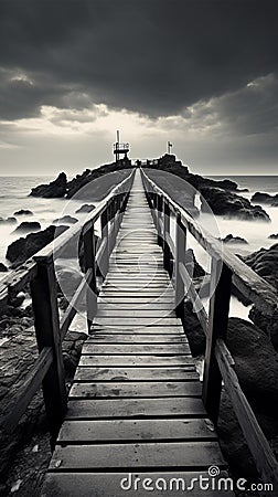 Noir coastal scene, Fishing jetty depicted in evocative black and white tones Stock Photo