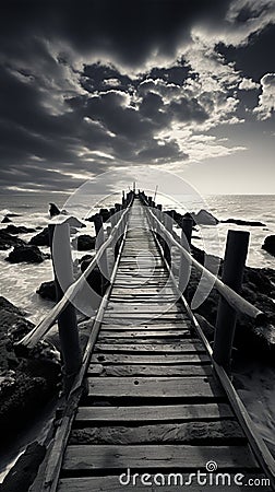 Noir coastal scene, Fishing jetty depicted in evocative black and white tones Stock Photo