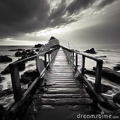 Noir coastal scene, Fishing jetty depicted in evocative black and white tones Stock Photo