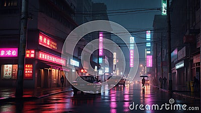 Noir neon-lit cityscape anime AI generated Stock Photo
