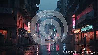 Noir neon-lit cityscape anime AI generated Stock Photo