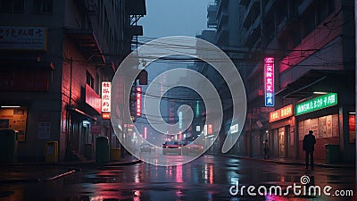 Noir neon-lit cityscape anime AI generated Stock Photo