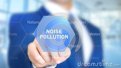 Noise pollution, Man Working on Holographic Interface, Visual Screen Stock Photo