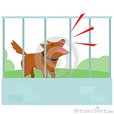 Noisy dog barking all the time in fence of neighbor . Vector Illustration