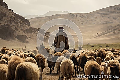 nomad with their flock of sheep, traveling across the mountains Stock Photo