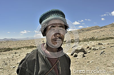 Nomadic mand near the high altitude lake of Tso Moriri Editorial Stock Photo