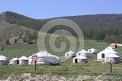 A nomadic tent resort in the peaceful Bogd Khaan valley, Ulaanbaatar, Mongolia. Stock Photo