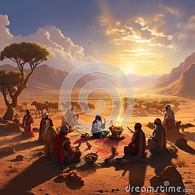 Nomads Praying in Desert Landscape Stock Photo