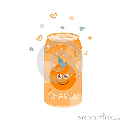 Non-alcoholic orange drink in an aluminum can. Cold carbonated juice, sweet water. Vector illustration in a flat style on a white Vector Illustration