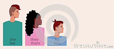 Non-binary gender people, copy space template, Flat vector stock illustration with place for text with Gender pronouns, Male, Cartoon Illustration