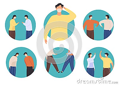 Non-contact greeting icon. New normal greet to stop virus, alternative to handshake namaste, elbow and feet bump, wawing Vector Illustration