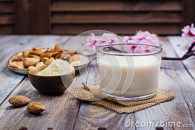 Non dairy vegan almond milk in a tall glass Stock Photo