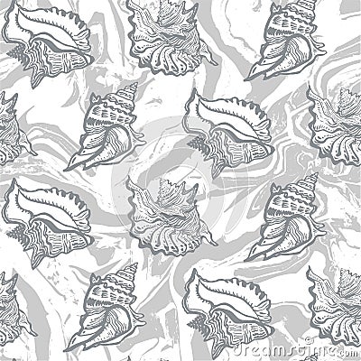 Non-directional abstract seamless pattern with Fluid Art and seashell. Vector Illustration