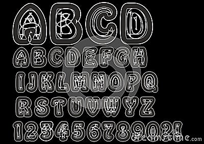 Nonconformist bizarre alphabet in white line. Original font set with doodle elements, uppercase characters and numbers, question m Vector Illustration