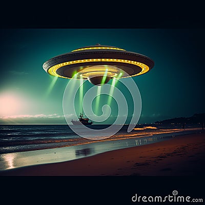 a disk-shaped alien spacecraft lands on the ocean coast, above the water surface. Stock Photo