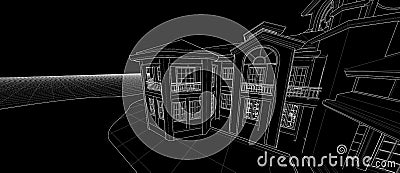 Architecture design exterior facade concept 3d perspective wire frame rendering black background Stock Photo