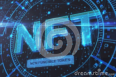 Nonfungible tokens concept with digital glowing NFT icon on abstract dark background Editorial Stock Photo