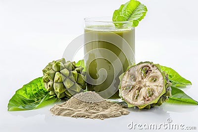 Noni Fruit Juice Isolated, Morinda Citrifolia with Noni Slice and Noni Powder on White Background Stock Photo