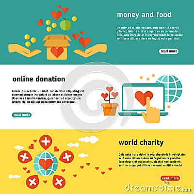 Nonprofit, charity, philanthropy, donate, giving donation, social help vector banners set Vector Illustration