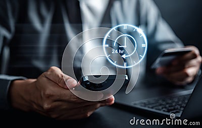 Nonstop service 24 hr online store concept. businessman in 24 7 online shopping service with clock for worldwide nonstop and full- Stock Photo
