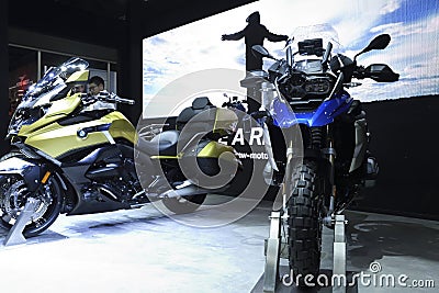 Nonthaburi,THAILAND - April 6, 2018: The Newest model, BMW R 1200 GS and BMW K 1600 B showing in BMW booth exhibition at THE 39th Editorial Stock Photo