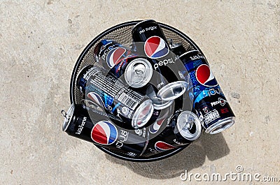 Top view many Pepsi can in trash Editorial Stock Photo
