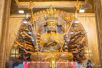 Nonthaburi, Thailand- March 08, 2021 : Buddha thousands of hand Guan yin statue of Chinese Temple in Leng Noei Yi 2 or Mangkon Editorial Stock Photo