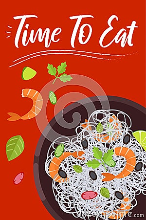 Noodle on bright background in flat design style. Doodle elements. Flat food Cartoon Illustration