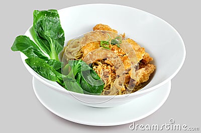 Noodle with Chicken Fried and Dwarf cabbage Stock Photo