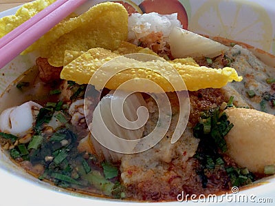 Noodle seafood soup Stock Photo