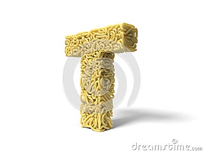 Noodle in shape of T letter. curly spaghetti for cooking. 3d illustration Cartoon Illustration