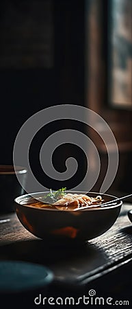 Noodle Soups On Stone Rustic Pub Mobile Wallpeper Postcard. Generative AI Stock Photo