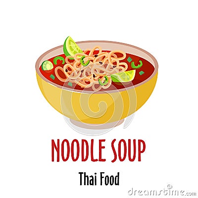 Noodle thai soup icon, spicy tasty dish in colorful bowl isolated vector illustration. Vector Illustration