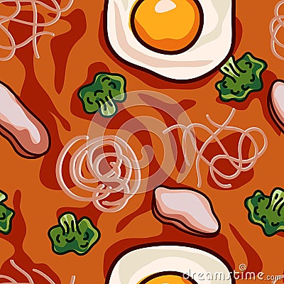 Noodle and vegetable soup seamless pattern. Vector illustration Vector Illustration