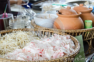 Noodles with bean sprouts and condiments Stock Photo