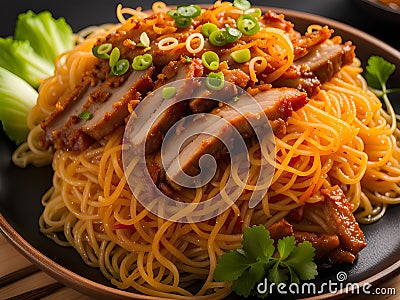 noodles with crispy pork and vegetables Stock Photo