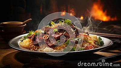 Tender Beef Noodles: Grilled Delight In A Professional Pastel Setting Stock Photo