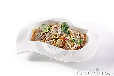 Noodles, Pasta or Yakisoba with Meat, Vegetables and Greens Stock Photo