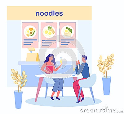 Noodles Restaurant Asian Cuisine in Shopping Mall. Vector Illustration