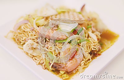 Noodles spicy salad with seafood Stock Photo