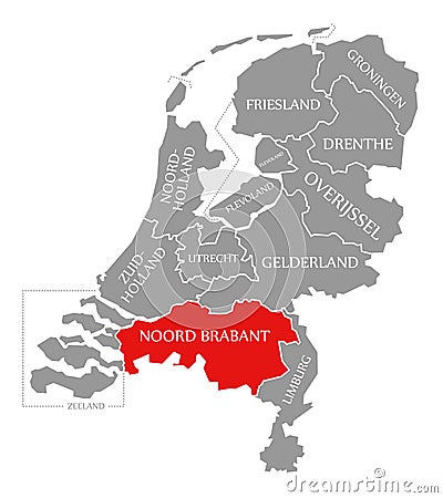 Noord Brabant red highlighted in map of Netherlands Cartoon Illustration