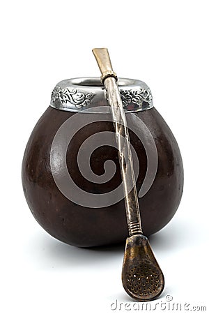 Nootropic stimulant, alternative medicine and holistic cleanse concept with gourd and bombilla metallic drinking straw for yerba Stock Photo