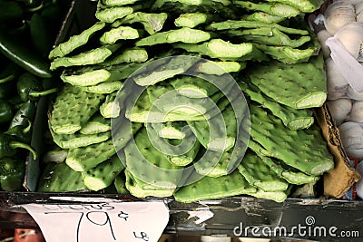 Nopales / Cactus paddles in market Stock Photo