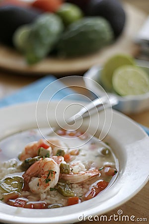 Nopales Soup with Prawns Stock Photo