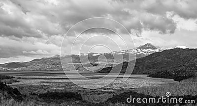 Nordenskjold lake view, with snowy mountais in the back. Stock Photo