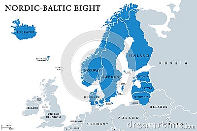 Nordic-Baltic Eight NB8 member states political map Vector Illustration