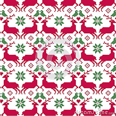 Nordic Christmas seamless pattern with reindeer and birds Stock Photo